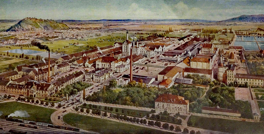 Historische Darstellung des Reininghaus Areals in Graz, mit Blick auf den Schlossberg.