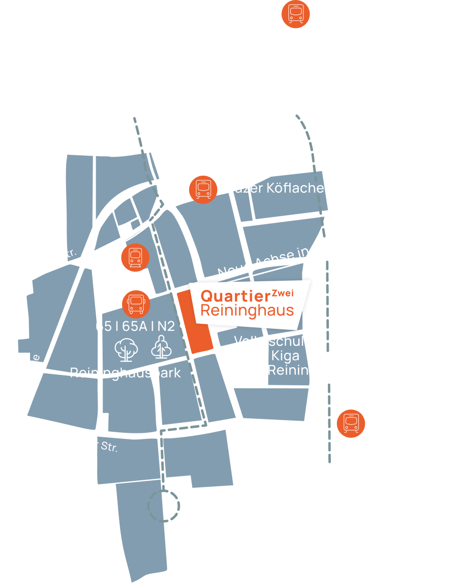 Lageplan von Quartier Zwei in Graz Reininghaus mit Anbindung an ÖPNV und Infrastruktur.