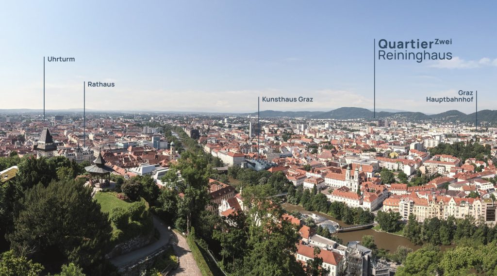 Luftaufnahme von Graz mit Uhrturm, Rathaus, Kunsthaus, Hauptbahnhof und Quartier Zwei Reininghaus.