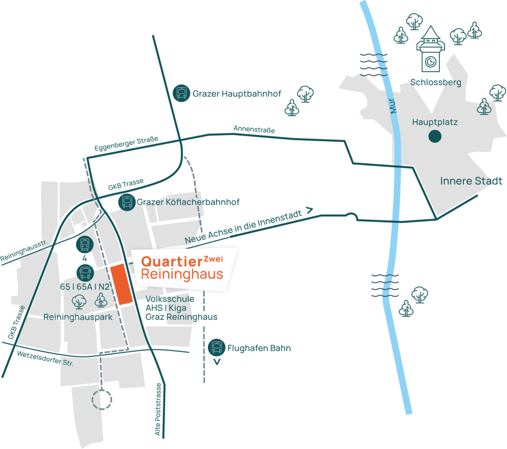 Anfahrtsplan zum Quartier Zwei in Graz Reininghaus mit Bahn, Bus und Auto.