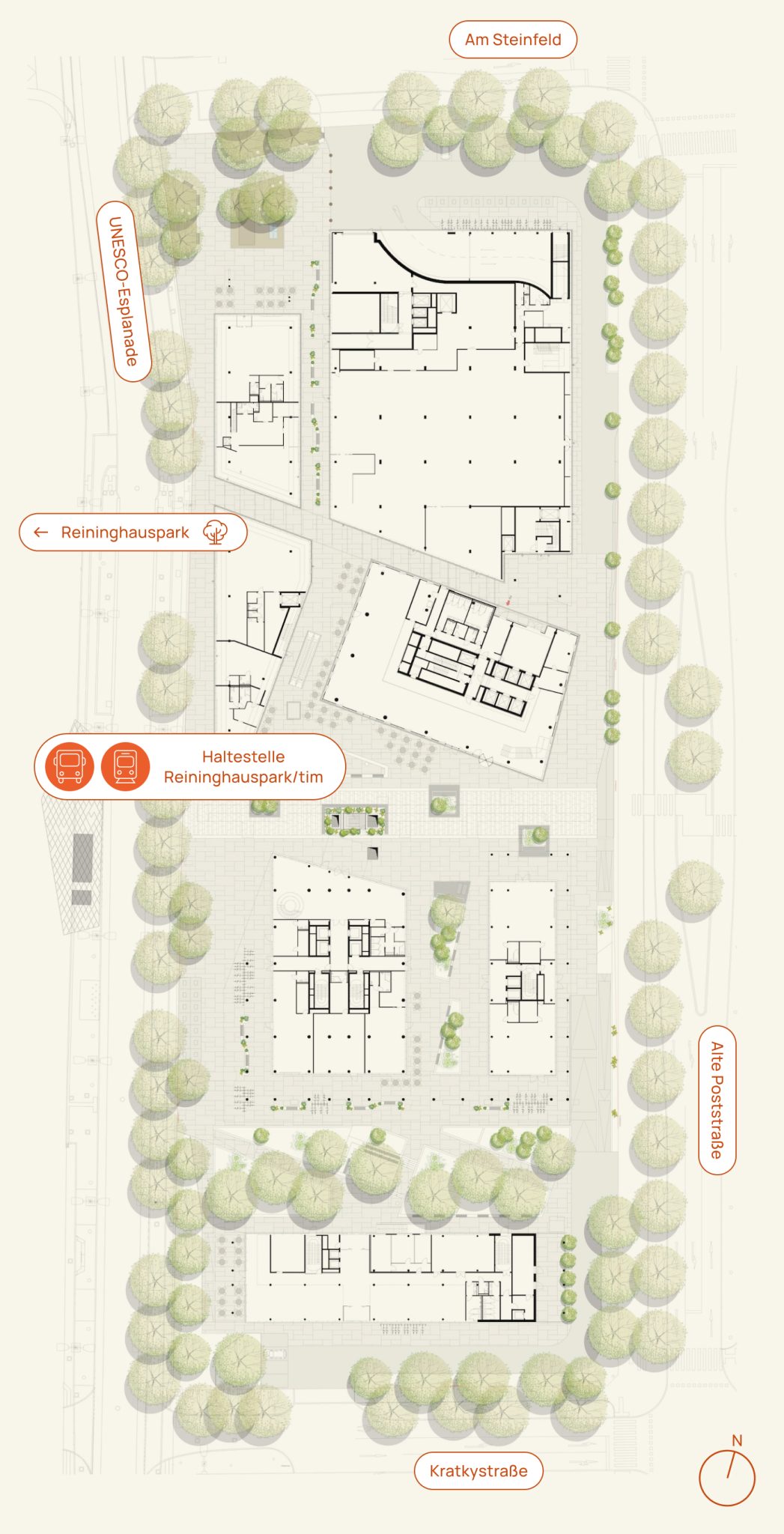 Übersichtsplan Quartier Zwei Graz Reininghaus mit Gebäuden, Grünflächen, Haltestelle und Straßen.