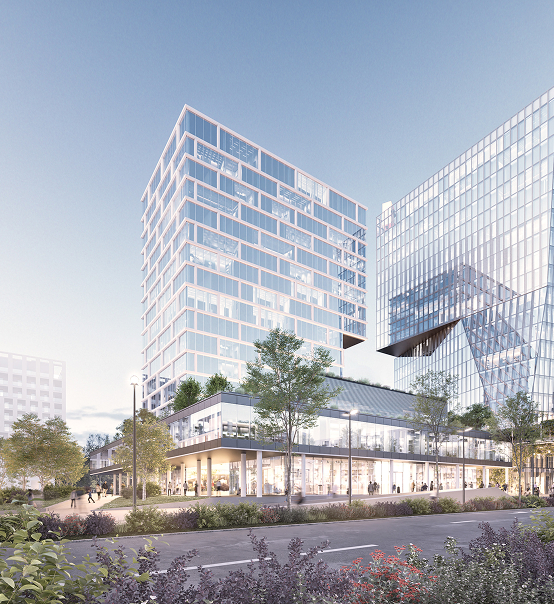 Rendering von modernen Bürogebäuden mit Gewerbeflächen im Quartier Zwei Graz Reininghaus.