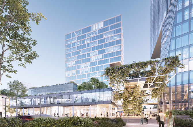 Quartier Zwei in Graz-Reininghaus: Moderne Architektur mit Bürogebäuden, Grünflächen und Menschen.