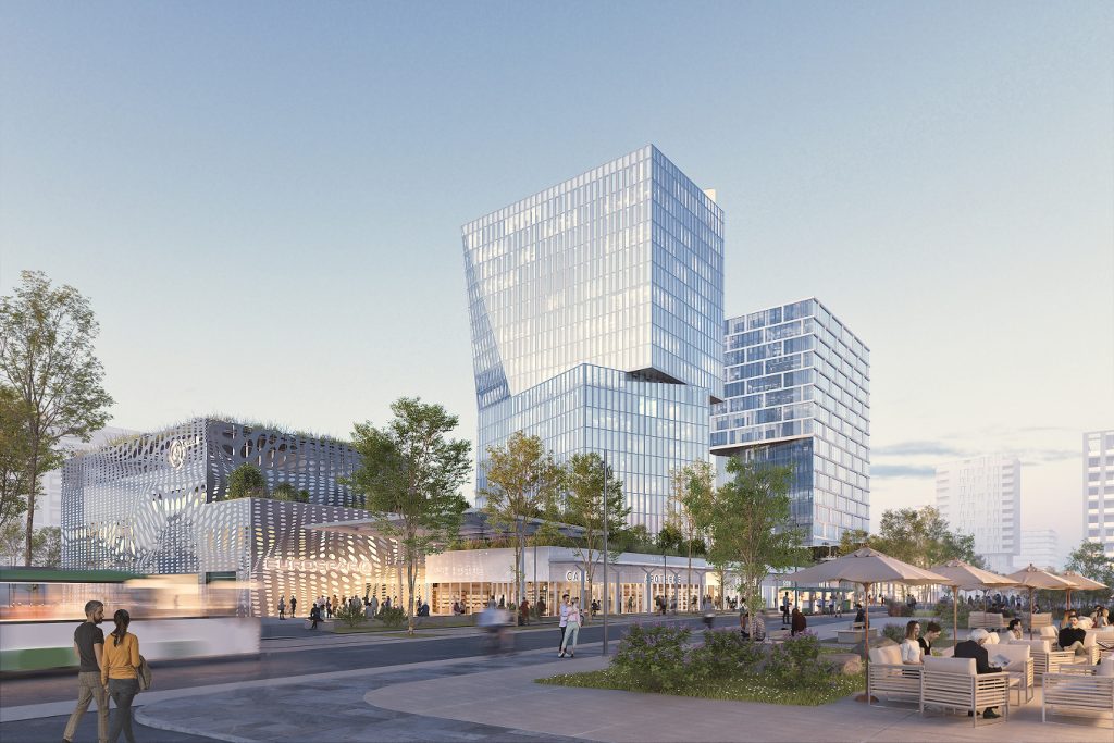 Rendering des Quartier Zwei in Graz Reininghaus mit Bürogebäuden, Gewerbeflächen und Grünanlagen. Menschen beleben den öffent