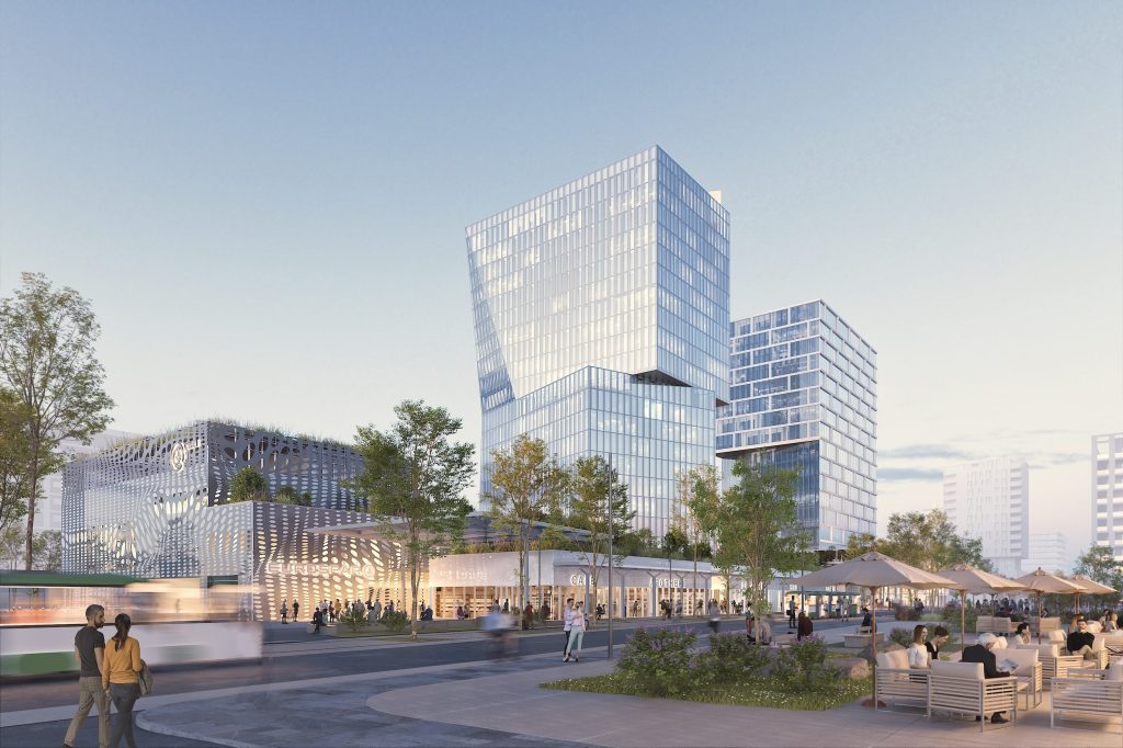 Visualisierung des Quartier Zwei in Graz Reininghaus mit Bürogebäuden, Geschäften und Grünflächen.