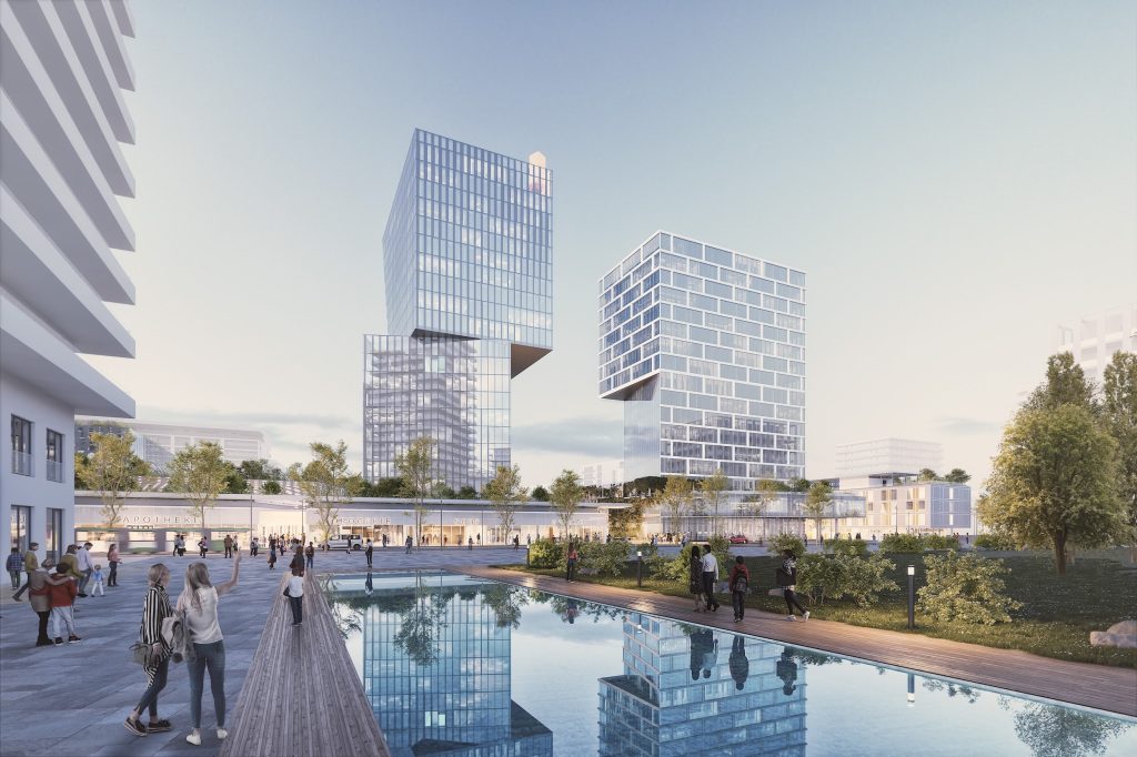 Rendering des Quartier Zwei in Graz Reininghaus mit modernen Gebäuden, Wasserbecken und Menschen.