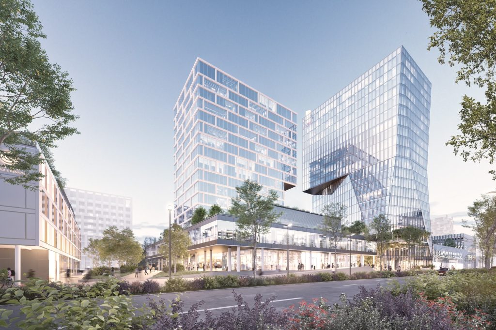 Rendering des Quartier Zwei in Graz Reininghaus mit modernen Büro- und Wohngebäuden.