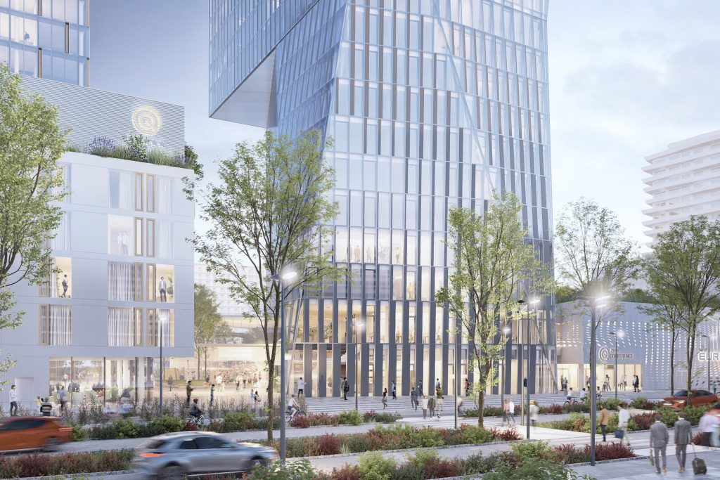 Visionäres Rendering des Quartier Zwei in Graz Reininghaus mit Hochhaus, Wohngebäude und belebter Fußgängerzone.