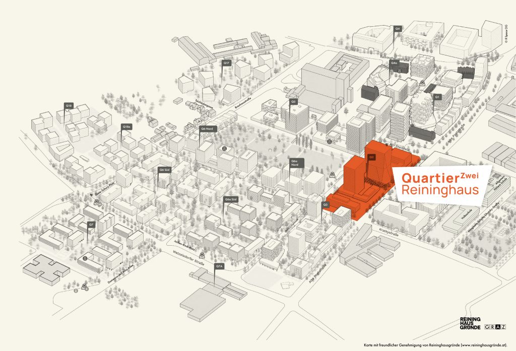 Lageplan des Quartier Zwei in Graz-Reininghaus, Gebäude farblich hervorgehoben. Übersicht über Wohnen, Gewerbe und Infrastruk